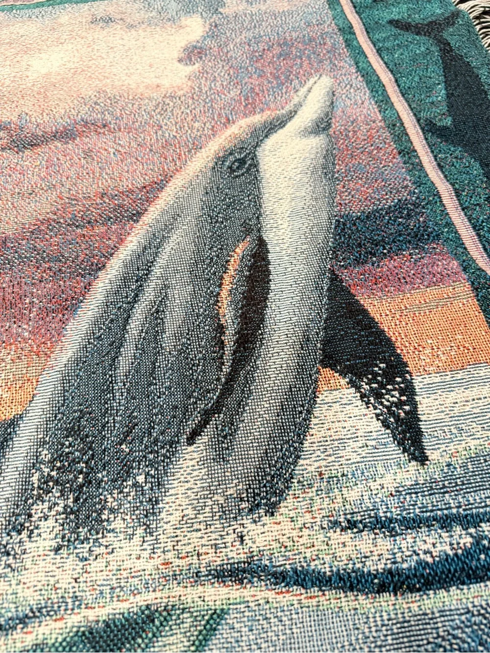 Vintage tapestry Dolphin Coastal Throw Blanket - Teal & Blue 54x48